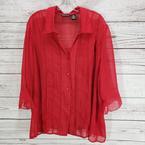 Maggie Barnes Red Sheer Ruffle Sleeve Pleated Light Textured Top Size 2X - Picture 2 of 13